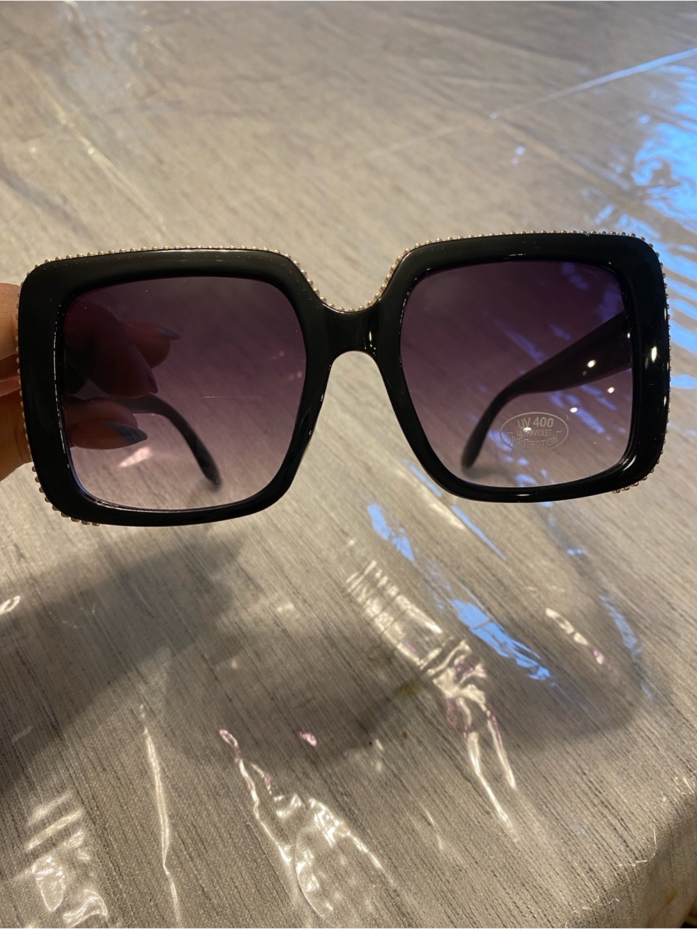 Black Square Frame Sunglasses with Gold Trim - Women